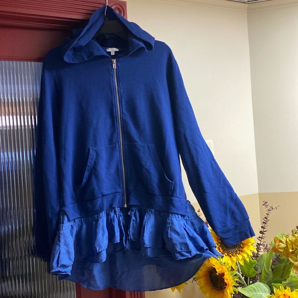 Clu Cotton Linen Stretch Blend 💯 Silk Ruffles Full Zip Hoodie